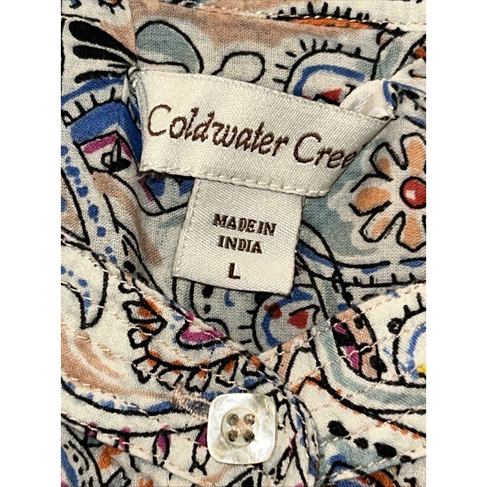 Coldwater Creek Sz LG Cotton Floral paisley Band Collar Shirt Pintucks Career - Picture 6 of 11